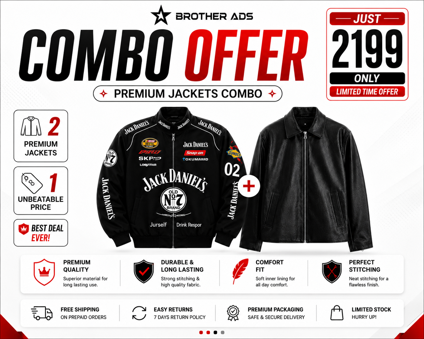 JD & Black Premium Leather Racing Jacket Combo Collection | Brother Ads
