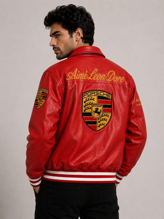 Porsche Red Vintage Leather Racing Jacket – Premium Motorsport Jacket | Brother Ads