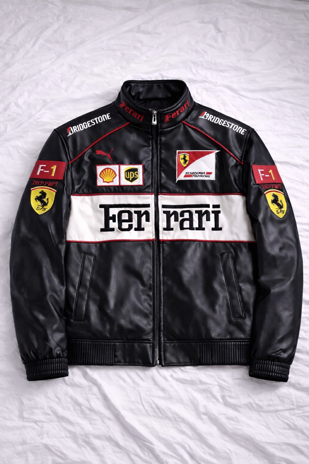 White & Black F1 Leather Vintage Racing Jacket | Brother Ads