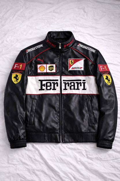 White & Black F1 Leather Vintage Racing Jacket | Brother Ads