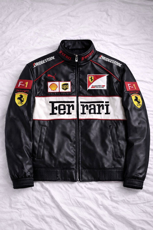 White & Black F1 Leather Vintage Racing Jacket | Brother Ads