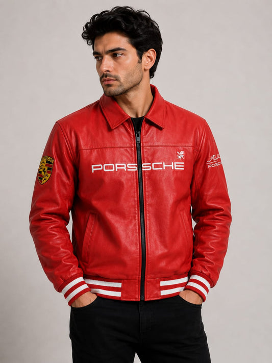 Porsche Red Vintage Leather Racing Jacket – Premium Motorsport Jacket | Brother Ads