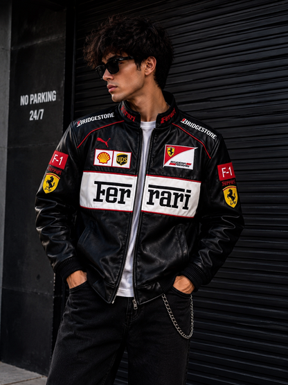 White & Black F1 Leather Vintage Racing Jacket | Brother Ads