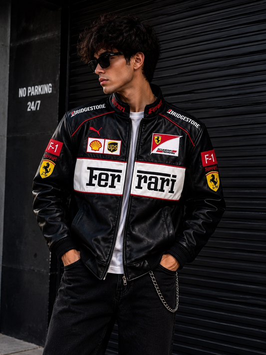 White & Black F1 Leather Vintage Racing Jacket | Brother Ads