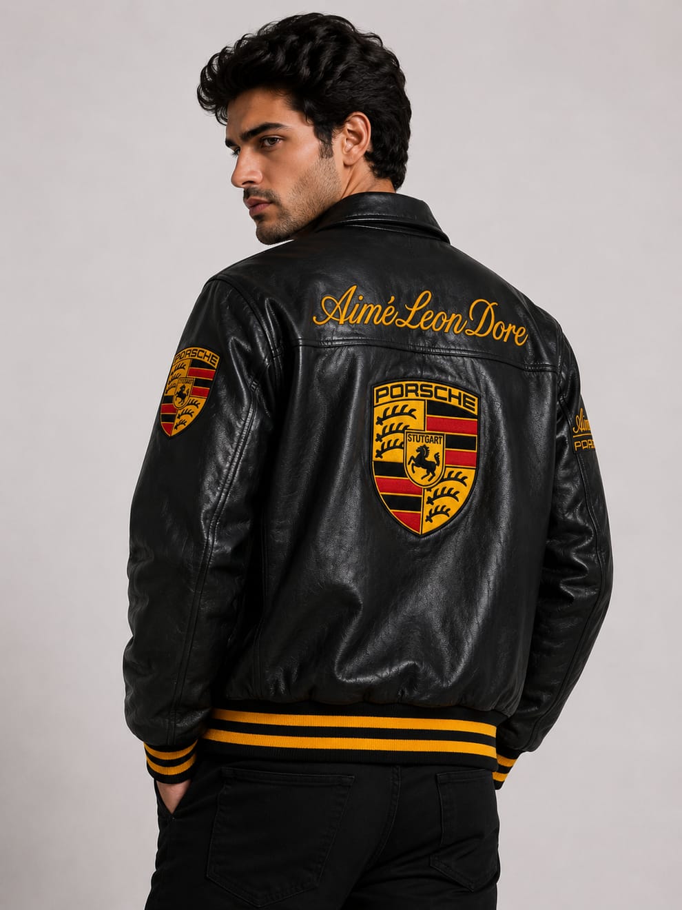 Black Porsche Premium Vintage Racing Leather Jacket | Brother Ads