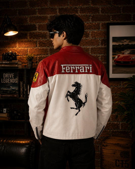 White & Red F1 Leather Racing Jacket | Brother Ads