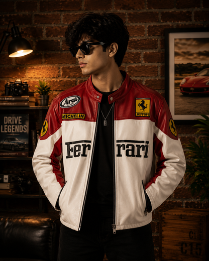 White & Red F1 Leather Racing Jacket | Brother Ads