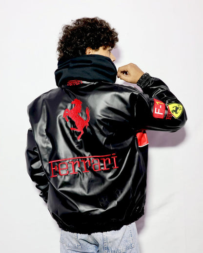 Black Ferrari Leather Bomber Jacket Vintage | Premium Racing Jacket for Men & Women