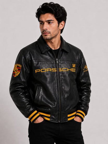 Black Porsche Premium Vintage Racing Leather Jacket | Brother Ads