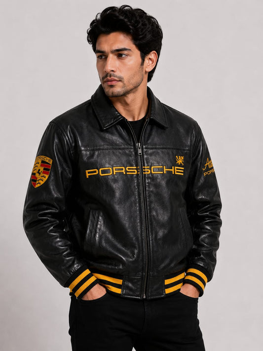 Black Porsche Premium Vintage Racing Leather Jacket | Brother Ads