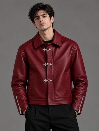 Burgundy Clasp Leather Jacket for Men | Brother Ads