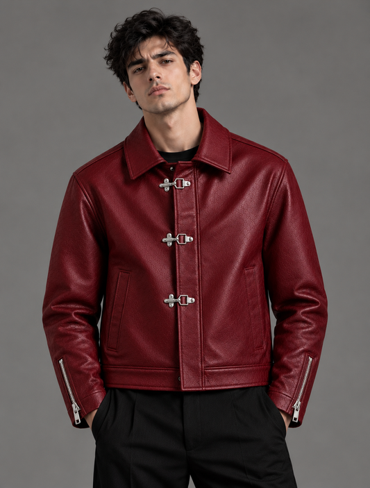 Burgundy Clasp Leather Jacket for Men | Brother Ads