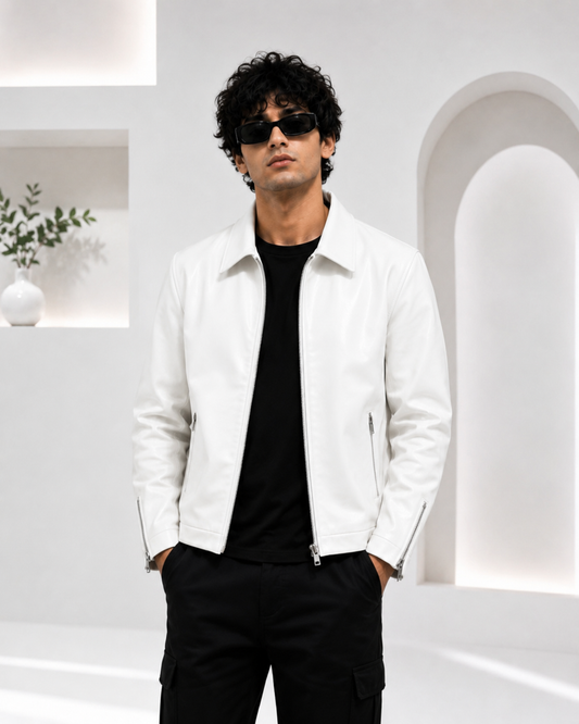 White Premium Vintage Leather Jacket for Men & Women | Classic Biker Bomber Style