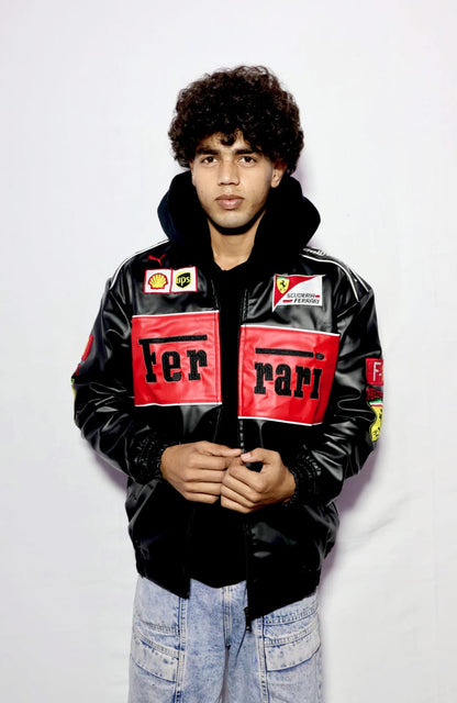 Black Ferrari Leather Bomber Jacket Vintage | Premium Racing Jacket for Men & Women
